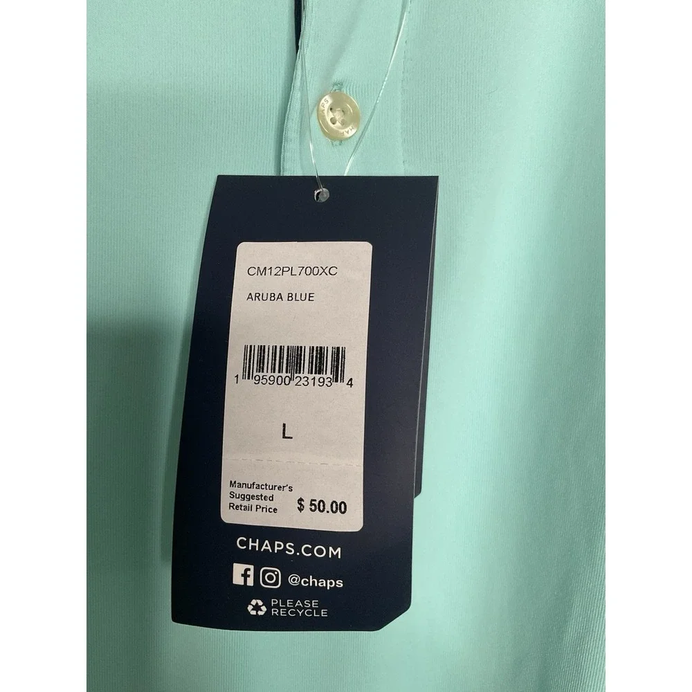 CHAPS Golf Polo Men's Size L  Aruba Blue/Light Turquoise Shorts Sleeve Shirt UPF - Picture 5 of 14